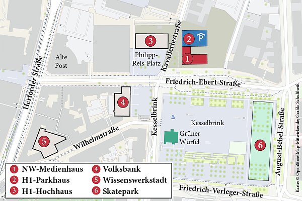 In bester Nachbarschaft: Große Bauprojekte verändern das Quartier rund um den Kesselbrink. Das NW-Medienhaus wird ab 2026 neue Perspektiven für den Platz eröffnen. - © Jürgen Schulheiß (Grafik)