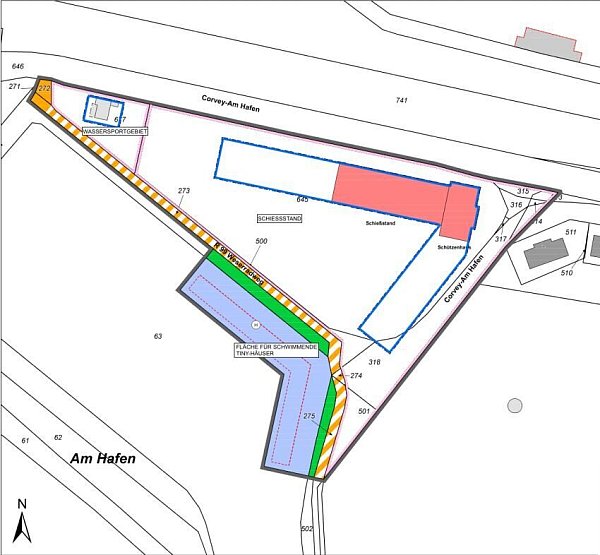 Der Bebauungsplan zeigt in rot die Schützenhalle und den Schießplatz in seiner derzeitigen Form. Blau umrandet sind die möglichen Erweiterungsflächen. Auf der Wasserfläche, dem blau markierten Bereich in der Bildmitte, könnten schwimmende Tiny Houses installiert werden. - © Stadt Höxter