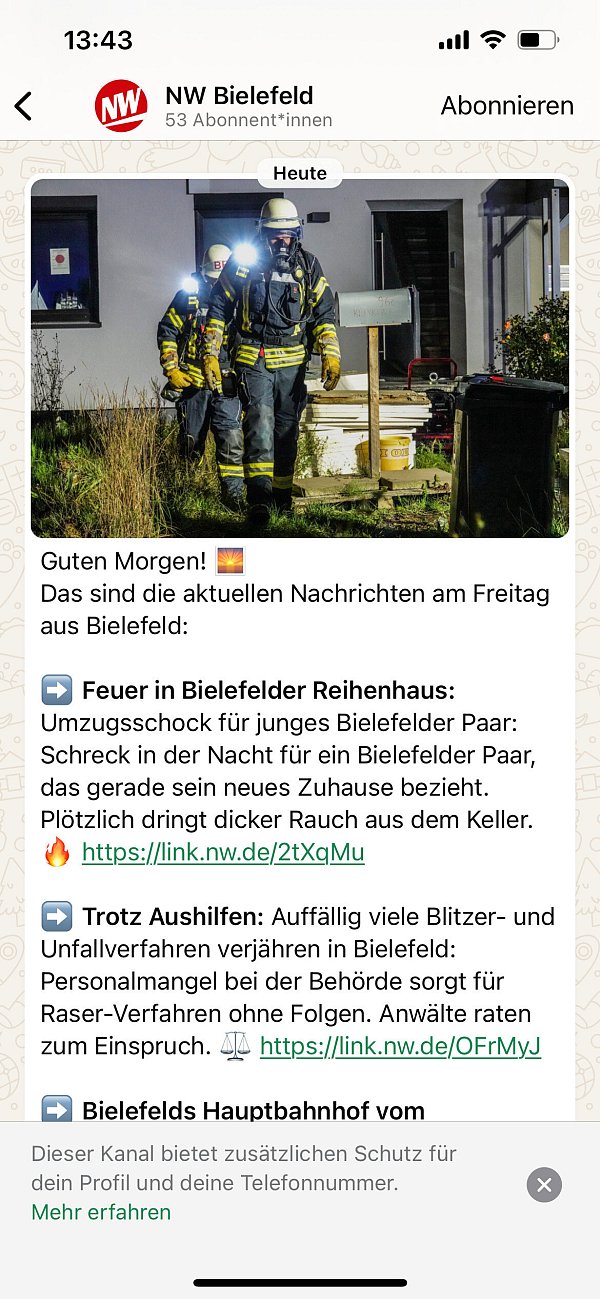 So sieht der Whatsapp-Kanal der NW Bielefeld aus. Oben rechts können Sie auf „Abonnieren“ klicken. - © Nico Buchholz
