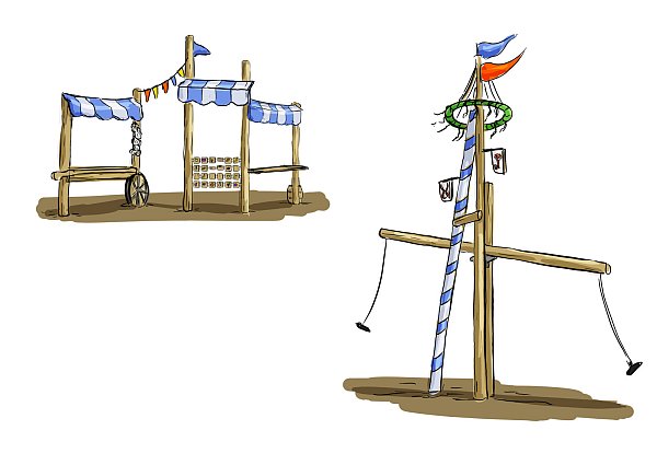 Maibaum mit zwei Schaukeln und Marktstände auf dem Mittelalter-Spielplatz am Wall. - © Zeichnung: SIK Holzgestaltungs GmbH Niedergörsdorf