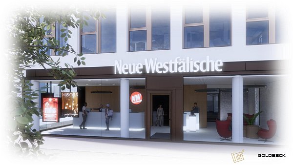 Im Erdgeschoss wird neben dem Empfang auch eine repräsentative Geschäftsstelle einziehen als attraktiver Anlaufpunkt für Kundinnen und Kunden. - © Goldbeck Indigo Invest