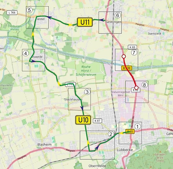 Diese Umleitungen gelten, wenn die B239 zwischen Espelkamp und Lübbecke gesperrt ist. - © NW