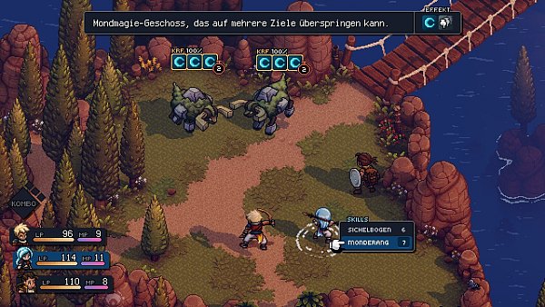 Während der Kämpfe kommt es auf besonderes Timing an. Hier stehen unsere Gegner kurz davor, uns mit mächtigen Angriffen zu attackieren. Wenn wir sie mit Valeres Mond-Bumerang angreifen, können wir die Attacken abwehren, wie die Symbole über deren Köpfen anzeigen. - © Sabotage Studio