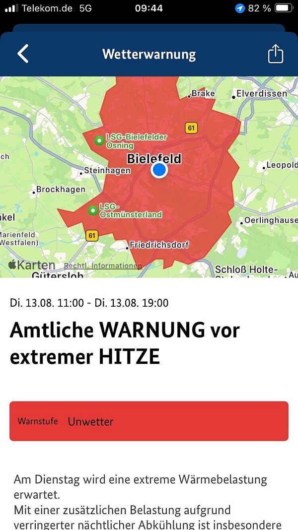 Ungewöhnlich: Auch die Warn-App Nina löste für Bielefeld aus und verschickte eine amtliche Warnung vor extremer Hitze bereits am 13. August. - © Screenshot Warn-App Nina/Bearbeiter: jr (12. August 2024)