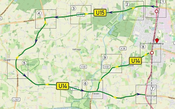 Die weiträumige Umleitung von Straßen NRW führt über die L766 und Fiestel sowie über die L557 und die L770. - © Straßen NRW