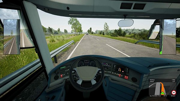 Das ist unser Blick vom Fahrersitz hinaus auf die Straße. Und: Keine Sorge, wir sind hier nicht als Geisterfahrer unterwegs. - © Aerosoft