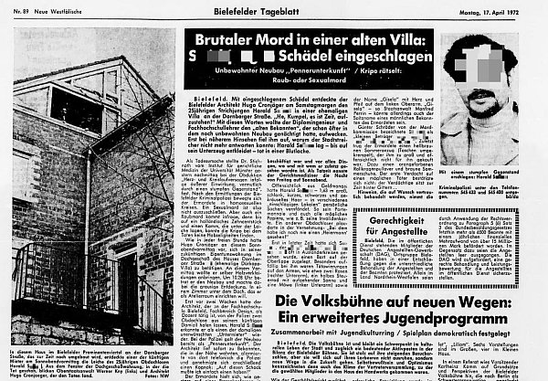 Unter dem Titel "Brutaler Mord in einer alten Villa" berichtete die Neue Westfälische damals über die Tat. Das Foto des Opfers und einige Detailangaben hat die Redaktion nachträglich unkenntlich gemacht. - © Archiv: Neue Westfälische