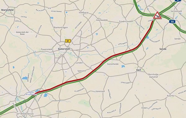 Die A2 in Gütersloh ist am Montag wieder gesperrt. - © Screenshot/WDR2