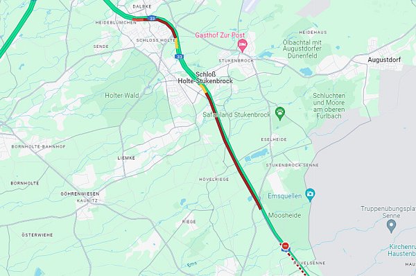Es staute sich auf mehr als zehn Kilometern zwischen Schloß Holte und Paderborn-Sennelager. - © Screenshot/Google Maps