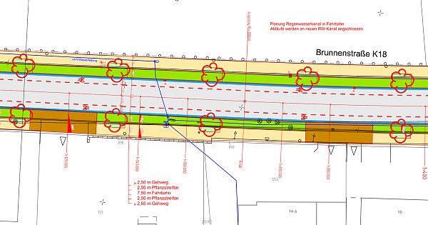 Der Auszug aus dem Lageplan zeigt die neugestaltete Brunnenstraße mit beidseitigen Radfahrstreifen, Grünstreifen und Alleebäumen. - © Grafik: Kreis Höxter