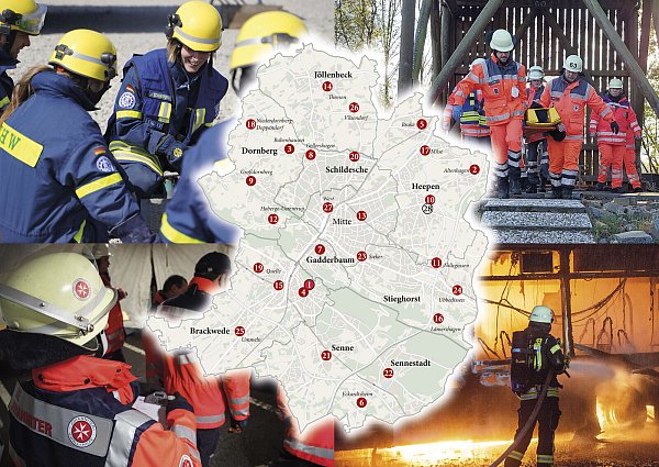 (1) Malteser: Vogelruth 15a, (2) Freiwillige Feuerwehr (FF) Altenhagen: Kafkastr. 85, (3) FF Babenhausen: Babenhauser Str. 125, (4) FF Brackwede: Wiedenbrücker Str. 8, (5) FF Brake: Stedefreunder Str. 18, (6) FF Eckardtsheim: Werkhofstr. 8, (7) FF Gadderbaum/Bethel: Quellenhofweg 36, (8) FF Gellershagen: Barlachstr. 100, (9) FF Großdornberg: Twellbachtal 15, (10) FF Heepen: Rüggesiek 34, (11) FF Hillegossen: Niedernholz 23, (12) FF Hobere-Uerentrup: Dornberger Str. 265, (13) FF Innenstadt: Bleichstr. 109, (14) FF Jöllenbeck/Theesen: Wörheider Weg 105, (15) FF Kupferhammer: Brockhagener Str./Tor 2 Möller Group, (16) Lämmershagen: Lämmershagener Str. 310, (17) FF Milse: Milser Str. 40, (18) FF Niederdornberg-Deppendorf: Deppendorfer Str. 145, (19) FF Quelle: Carl-Severing-Str. 152, (20) FF Schildesche: Niederfeldstr. 13a, (21) FF Senne: Feuerwehrweg 11, (22) FF Sennestadt: Altmühlstr. 32, (23) FF Sieker: Lipper Hellweg 41c, (24) FF Ubbedissen: Pyrmonter Str. 7, (25) FF Ummeln: Steinhagener Str. 3b, (26) FF Vilsendorf: Laarer Str. 12, (27) FF West: Teichstr. 12, (28) Deutsches Rotes Kreuz: Rüggesiek 21. Fotos: THW/DRK/Brenneke/Matthiesen; Fotomontage: Brenneke; Grafik: Schultheiß - © Felix Brenneke