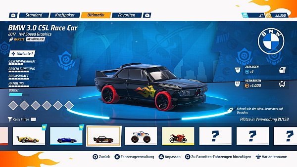 Wir haben den langweilig aussehenden BMW für uns umgestylt. Deshalb interessieren uns die Angaben rechts nicht, aber dort sehen wir, was wir im Austausch bekämen, wenn wir unser Gefährt verkaufen oder gar zerlegen würden. - © Mattel