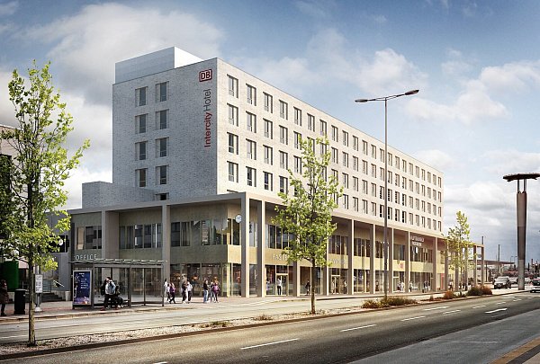 So soll der neue Hauptbahnhof einmal aussehen. Die Geschäftszeile im Erdgeschoss ist zu erahnen. - © loomn architektur visualisierungJost Hauer Dipl.-Ing. Arch. TU