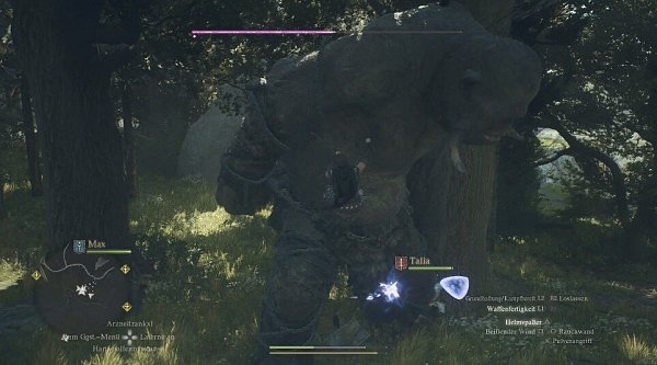 „Dragon’s Dogma 2“ ist auf Kämpfe vor allem gegen große Ungeheuer ausgelegt. Hier attackiert unsere Gruppe einen mächtigen Zyklopen, an dem unser Dieb gerade hochklettert. - © Capcom