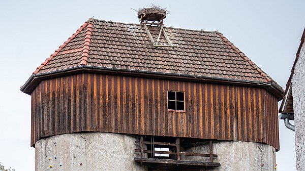 Hoch oben auf dem alten Futtersilo ist das Storchennest. - © Felix Brenneke