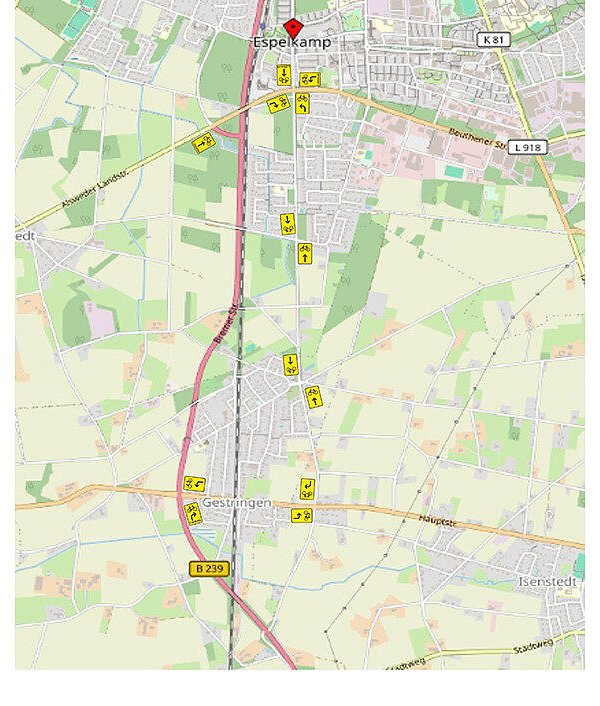 Der Radverkehr wird laut Straßen.NRW über die Beuthener Straße (L918), die Lübbecker Straße und die Gestringer Straße (L766) geführt. - © Straßen.NRW