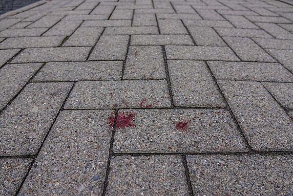 Auf dem Gehweg zeugen Blutflecken von der Tat in der Nacht zu Sonntag. - © Paul Brinkmann