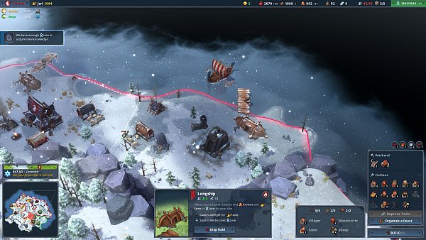 Im Winter trotzen wir den Elementen. In diesem Fall ist die Holzproduktion des Clans eingebrochen – und befindet sich im negativen Bereich. - © Shiro Games