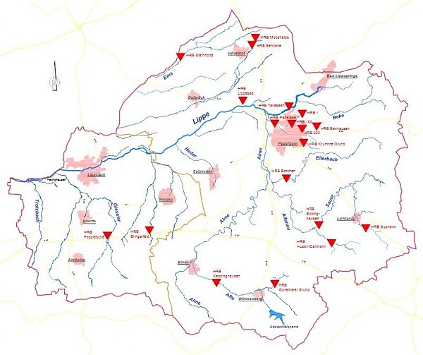Die Übersichtskarte des Verbandsgebietes des WOL zeigt die Hochwasserrückhaltebecken. - © Kreis Paderborn
