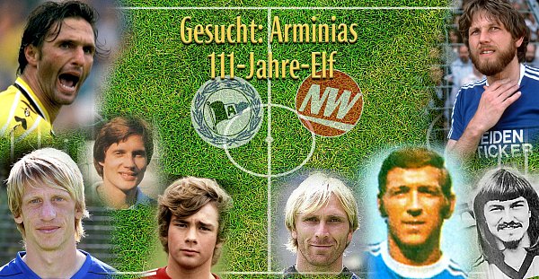Jede Menge Stars aus der Arminia-Historie standen zur Auswahl: Dazu zählten (von links oben nach recht oben) Bruno Labbadia, Wolfgang Pohl, Rüdiger Kauf, Pasi Rautiainen, Ansgar Brinkmann, Dieter Schulz, Ewald Lienen und Wolfgang Kneib bestimmen. Einige von ihnen haben es in die 111-Jahre-Elf geschafft. - © Gestaltung: Thomas Löhrig