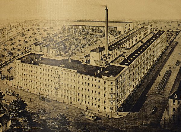 Paul Ehrlich wurde vom genialen Erfinder zum erfolgreichen Unternehmer. Allein die schiere Größe der Fabrik Leipziger Musikwerke vormals Paul Ehrlich & Co. zeigt, welche Dimension der Erfolg erreicht hatte. - © Abbildung: Die Großindustrie des Königsreichs Sachsen in Wort und Bild