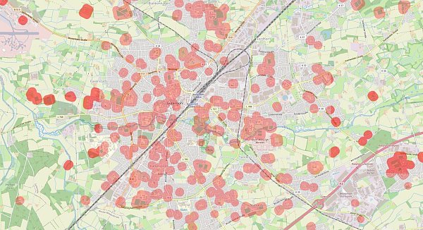 Der Gütersloher Stadtbereich ist rot - vor allem rund um die Schulen. - © Bubatzkarte/bubatzkarte.de