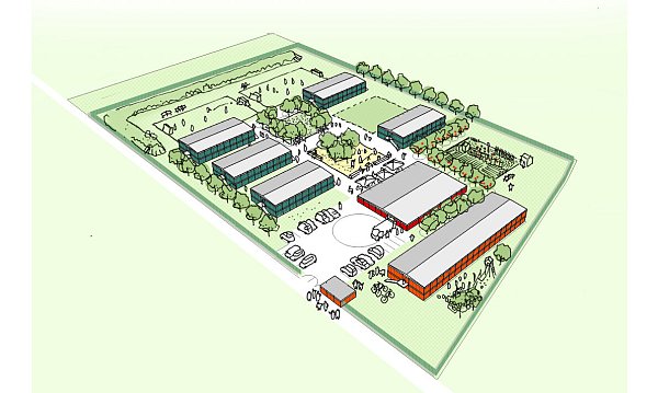 Die Abbildung visualisiert modellhaft eine Zentralen Unterbringungseinrichtung (ZUE) in Containerbauweise. - © PD – Berater der öffentlichen Hand GmbH
