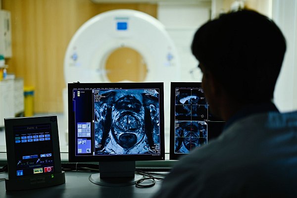 Auf dem Monitor ist das Querschnittsbild einer Prostata zu sehen: Prostatakrebs gehört zu den häufigsten Krebsarten bei Männern. (Archivbild) - © Uwe Anspach/dpa