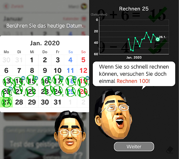 Mit dem Abschließen von täglichen Übungen sammeln wir Stempel in unserem Kalender, sowie Einträge in den jeweiligen Auswertungsdiagrammen der Übungen, sodass wir unseren Lernerfolg nachvollziehen können. - © Nintendo
