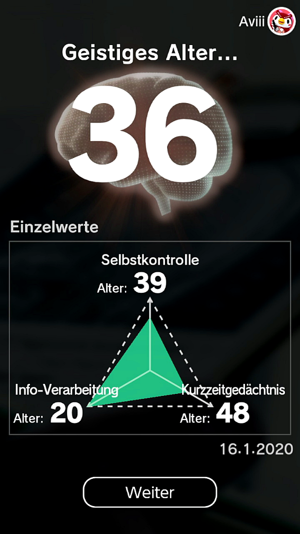 Schön lassen sich hier die drei Teilbereiche des „Test des geistigen Alters", die „Selbstkontrolle", die „Info-Verarbeitung" und das „Kurzzeitgedächtnis", sowie deren Einzelergebnisse einsehen. - © Nintendo