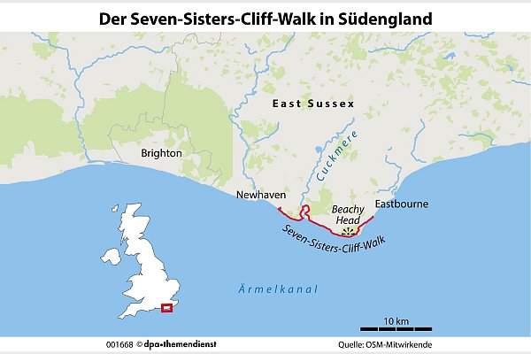 Der Seven-Sisters-Cliff-Walk führt zwischen Seaford und Eastbourne an beeindruckenden Küstenabschnitten, Leuchttürmen und Stränden entlang. - © dpa-infografik/dpa-tmn