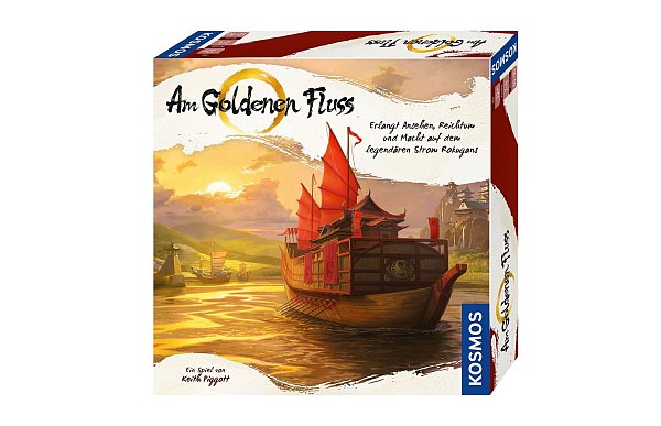 Ein golden glänzender Fluss schlängelt sich über den Spielplan von «Am Goldenen Fluss». Das Spiel für 2 bis 4 Spielende ab 12 Jahren dauert bis zu eineinhalb Stunden. - © Kosmos/dpa-tmn