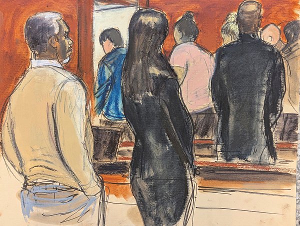 Die Gerichtszeichnung stellt Sean «Diddy» Combs am 1.7. mit seinem Verteidigungsteam dar, wie er zusieht, wie die Geschworenen den Gerichtssaal verlassen. - © Elizabeth Williams/AP/dpa