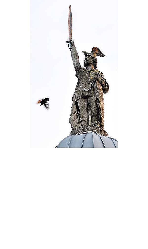 Der Hermann auf dem Haus an der Ecke Detmolderstraße /Hermannstraße ist offenbar auch in der Vogelwelt sehr beliebt. Gerade fliegt eine Krähe an dem Bauwerk vorbei. - © FOTO: R. ROHLF
