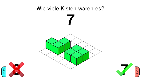Unser Lieblingsspiel dieser Kategorie ist „Kisten zählen", bei dem kurz eine Anzahl von Kisten dargestellt wird, die wir mit dem Joy-Con möglichst schnell eintragen müssen.  - © Nintendo