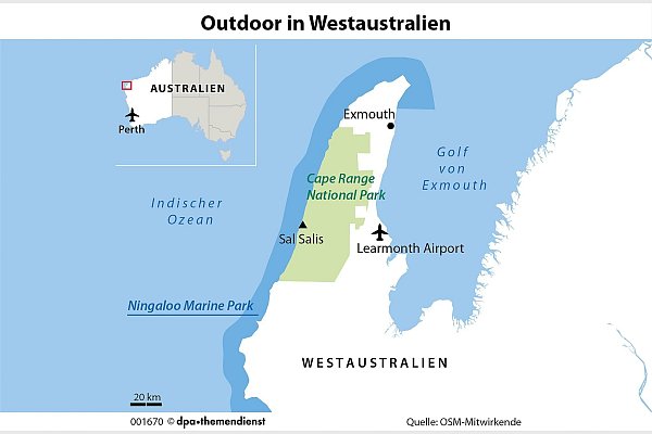 Exmouth ist die Ausgangsbasis für Touren zu den Walhaien und liegt auf der Halbinsel North West Cape. Im Westen des Kaps befindet sich der Cape Range National Park mit dem Ningaloo-Riff vor seiner Küste. - © dpa-infografik/dpa-tmn