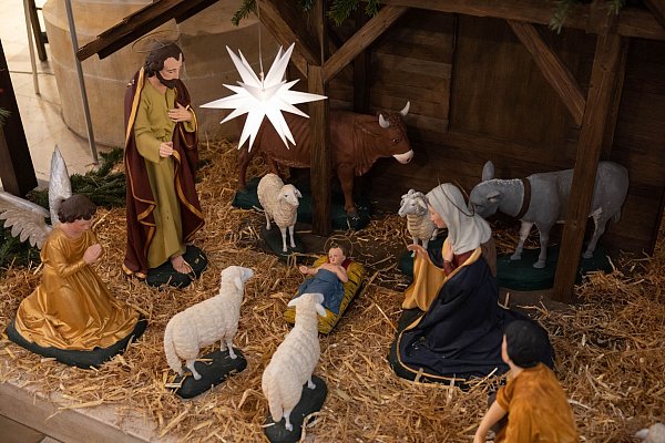Krippe mit dem Jesuskind mit Ochs, Esel und Schafen. - © Friso Gentsch/dpa