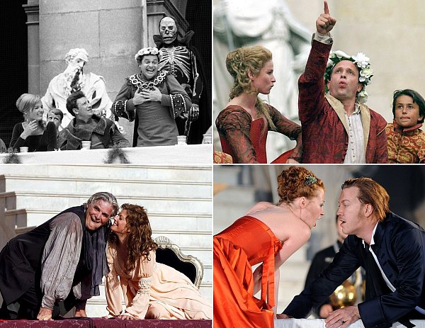 Die Bildkombo zeigt Probenfotos der Salzburger Festspiele von verschiedenen Schauspielern in der Rolle des Jedermann - von oben links nach rechts: 1963 Walter Reyer, 1999 Ulrich Tukur (mit Dörte Lyssewski); unten links nach rechts: 2007 Peter Simonischek (mit Marie Bäumer), 2011 Nicholas Ofczarek (mit Birgit Minichmayr). - © picture alliance / dpa