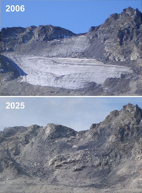 Der Pizolgletscher im Kanton St. Gallen ist zwischen 2006 und 2025 stark geschrumpft.(Kombo) - © Matthias Huss/Glamos Gletschermessnetz/Akademie der Naturwissenschaften Schweiz (SCNAT)/dpa