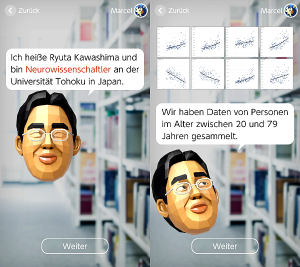 Wie üblich stellt Dr. Kawashima sich und das Spiel zunächst vor und zeigt uns ein paar hübsche Grafiken zu verschiedenen Studien, die seine leibhaftige Version im Vorfeld durchgeführt und zur Entwicklung dieses Spiels genutzt hat. - © Nintendo