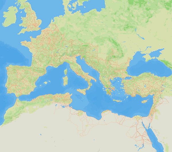 Die Karte zeigt das Ausmaß des Straßennetzes im Römischen Reich - © -/Itiner-e / Fachjournal Scientic Data/dpa
