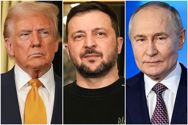 Der ukrainische Staatsoberhaupt Wolodymyr Selenskyj (Mitte) und Kremlchef Wladimir Putin (rechts) wollen den Friedensplan von US-Präsident Donald Trump nun inhaltlich erörtern. (Archivbild) - © Morissard/Bednyakov/AP/dpa