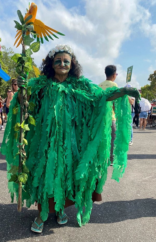 Aufwendig verkleidet zogen viele Klimaschützer durchs Zentrum der Millionenstadt Belém. - © Torsten Holtz/dpa