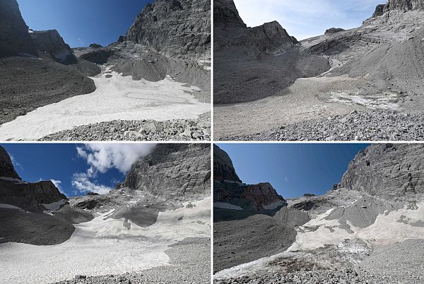 Der Watzmanngletscher in den Jahren 2021 bis 2024 (von links nach rechts in zwei Zeilen). - © Angelika Warmuth/dpa