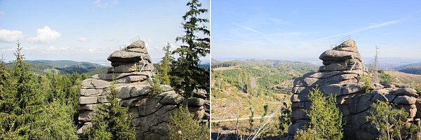 Der Ottofelsen im Harz 2014 und 2023: Seit 2018 gibt es im Harz ein immenses Baumsterben. Damals warf ein Orkan zahlreiche Bäume um. Das Totholz in Verbindung mit der Trockenheit in den vergangenen Jahren führte zu einer besonders starken Ausbreitung des Borkenkäfers und zu einem massiven Fichtensterben. - © Julian Stratenschulte/dpa