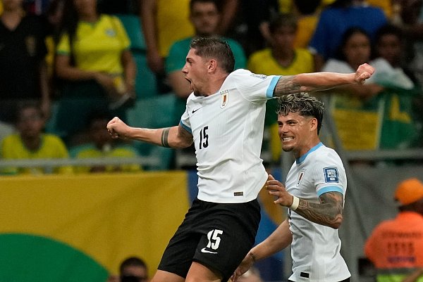 Uruguays Federico Valverde (l) freut sich mit seinem Team über das Remis gegen Brasilien. - © Andre Penner/AP/dpa