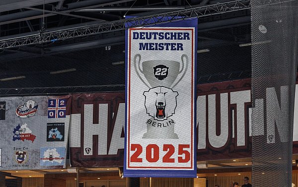 Im zweiten Versuch hängt auch das Meisterbanner seit Dienstagabend unter der Hallendecke. - © Andreas Gora/dpa