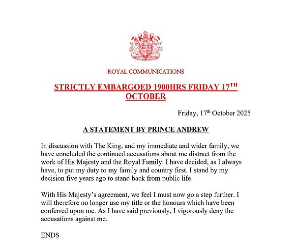 Die Erklärung zum Ende von Andrew als Herzog von York. - © Buckingham Palace/PA Media/dpa