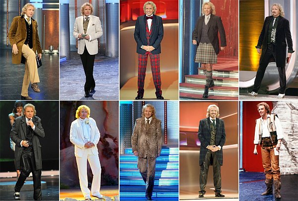 Die Bildkombo zeigt Moderator Thomas Gottschalk in verschiedenen Outfits beim Auftritt in der ZDF-Show «Wetten, dass..?» (Archivfotos). - © dpa
