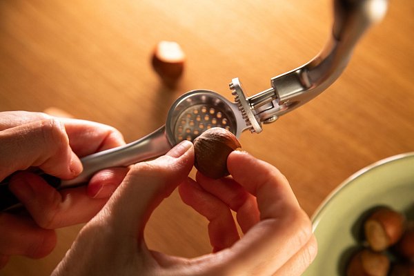 Schritt 1: Haselnuss in die Knoblauchpresse legen. - © Christin Klose/dpa-tmn